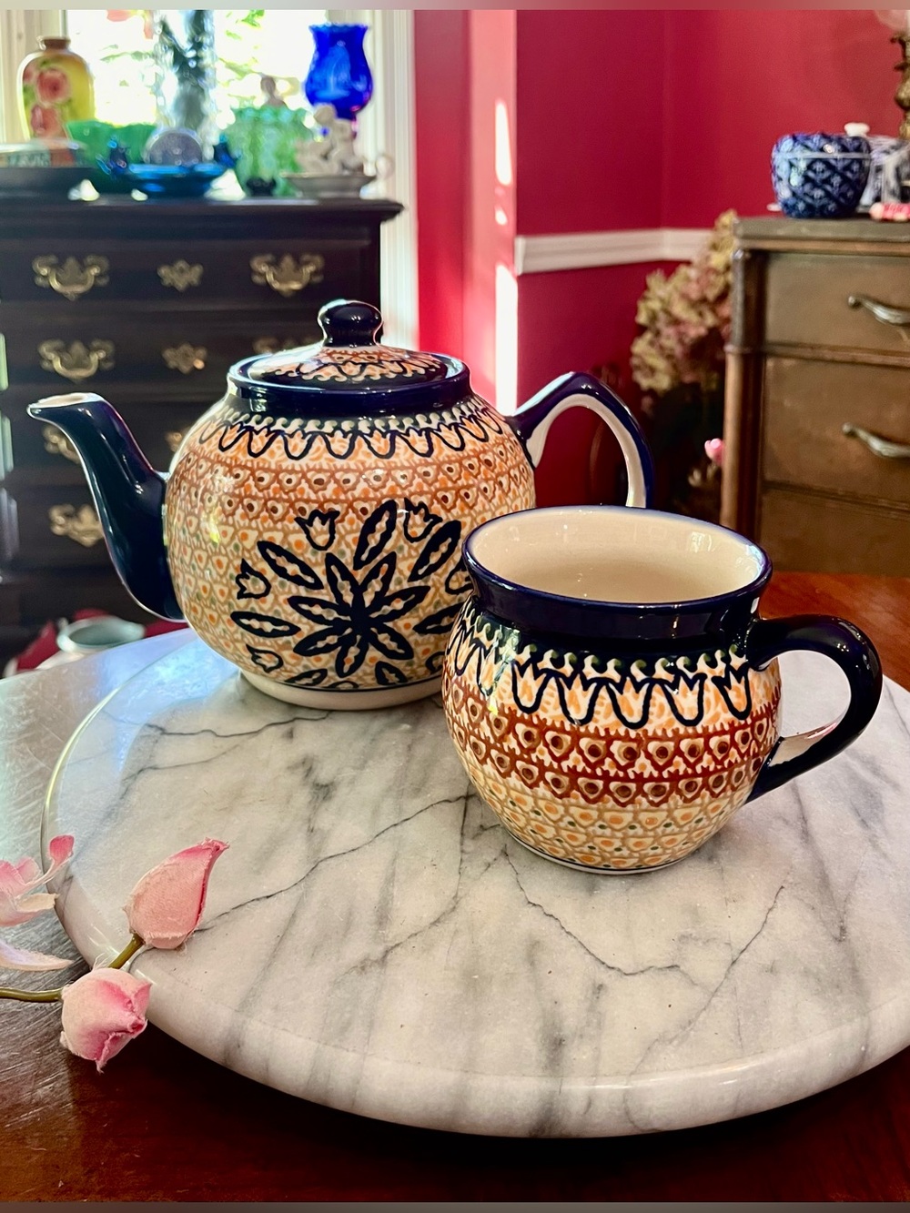 Polish Pottery UNIKAT Signed Teapot & Mug Set, Pattern Code 596-ART-117